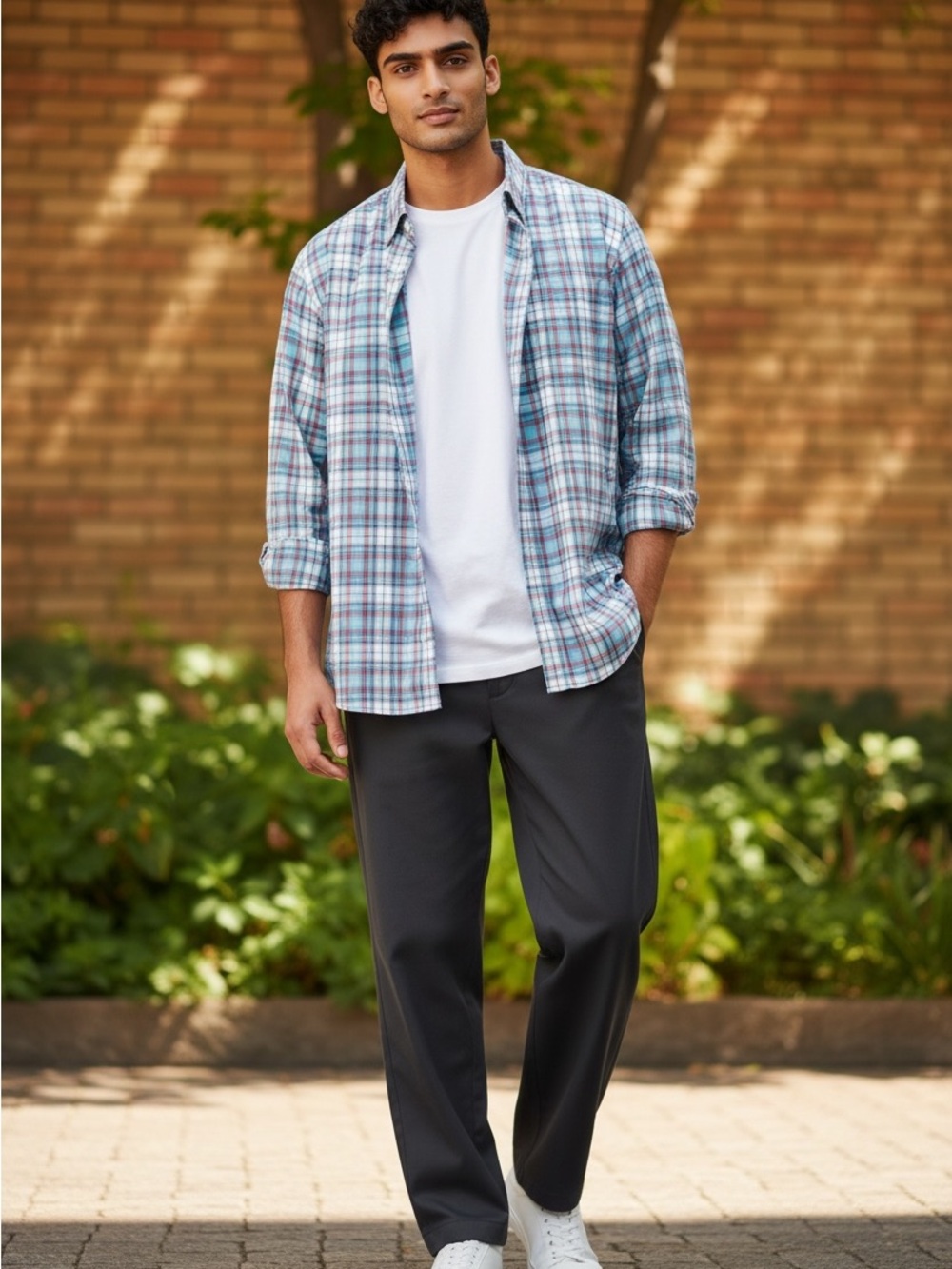 GAP Teal and Coral Plaid Button-Down Shirt